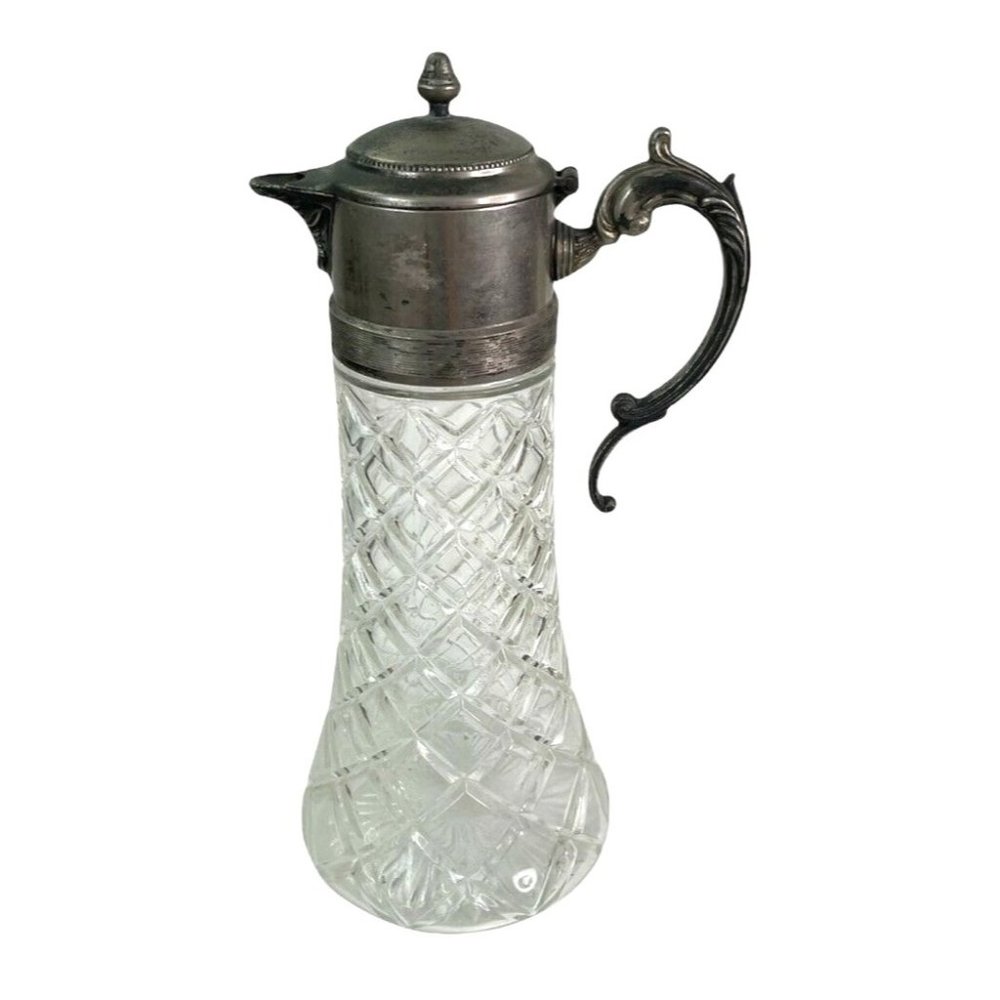 Vintage Glass Claret Carafe Pitcher Ewer Diamond Cut Silver Plate Lid Handle 14"
